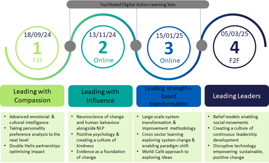 This graphic describes the four days of the programme supplemented by facilitated digital action learning sets